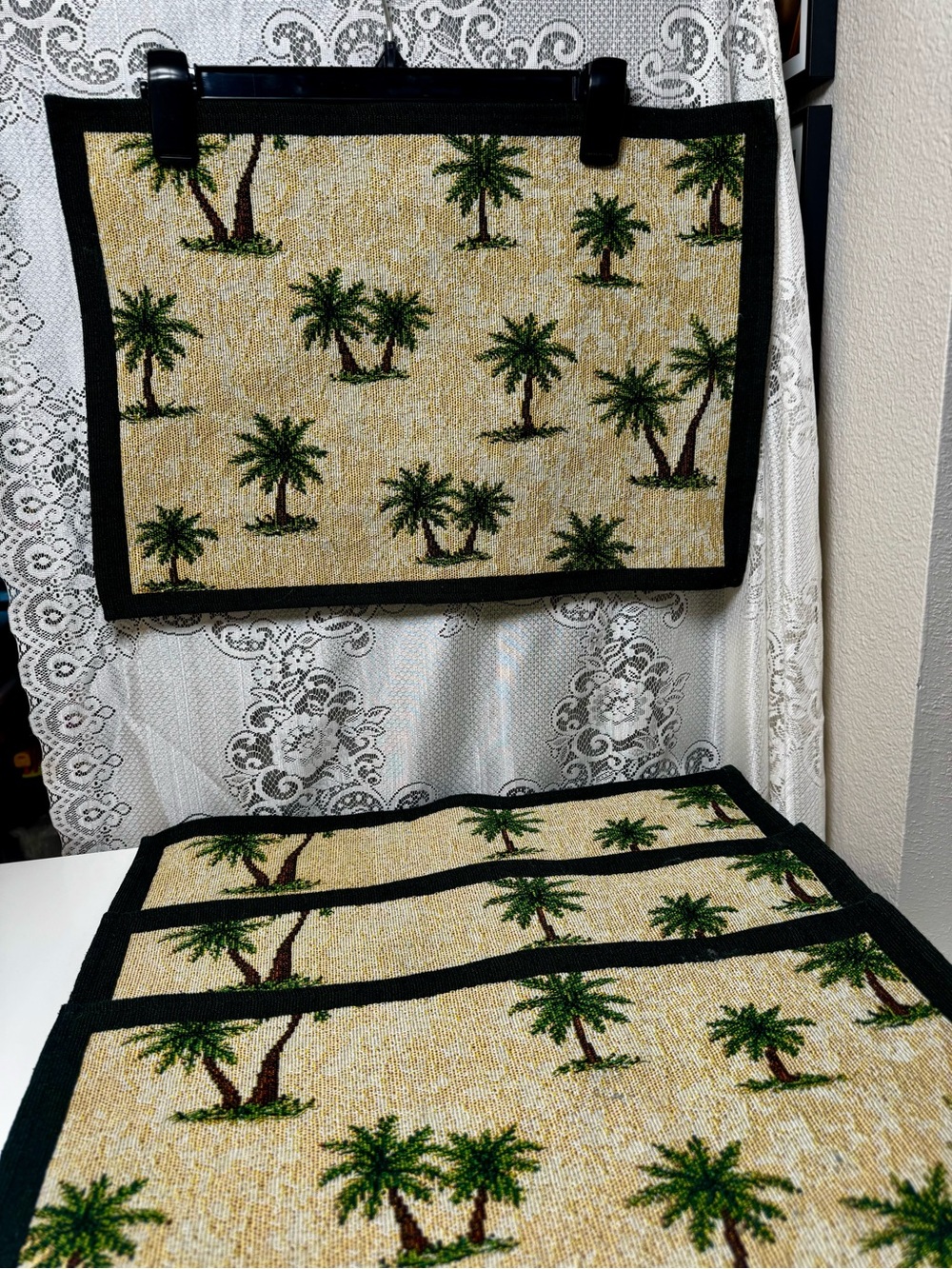 Vintage Woven Tapestry Palm Tree Placemats, Set of 4 Tropical Coastal, 18.5x13